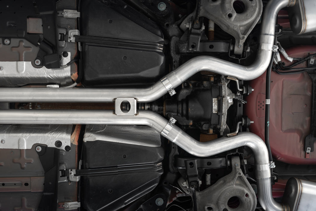 MBRP T304 Stainless Steel 3" Cat Back Dual Quad Split Rear Exit with Carbon Fiber Tips, Mustang GT 5.0L, view 6