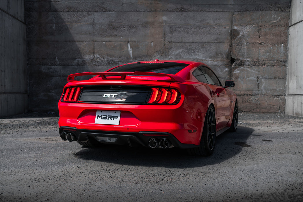 MBRP T304 Stainless Steel 3" Cat Back Dual Quad Split Rear Exit with Carbon Fiber Tips, Mustang GT 5.0L, view 4