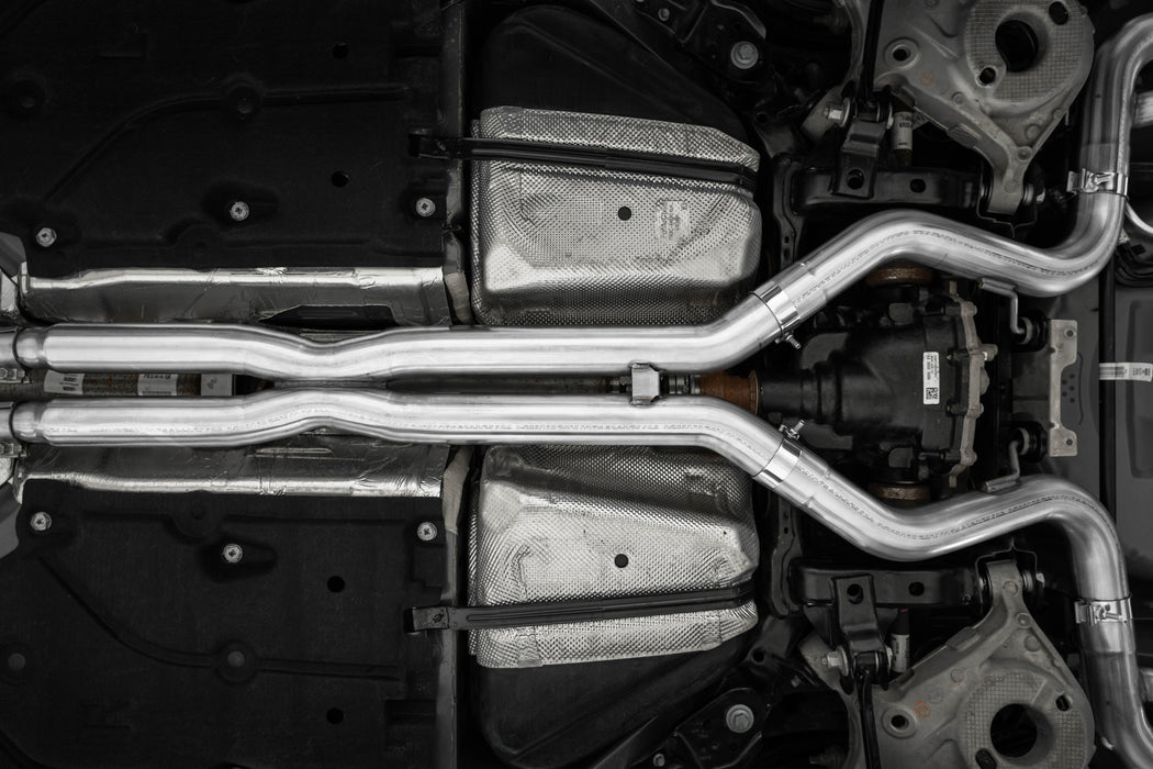 MBRP T304 Stainless Steel, 3" Cat-Back, Quad Split Rear With Carbon Fiber Tips, Active, Mustang GT 5.0L (S650), view 6
