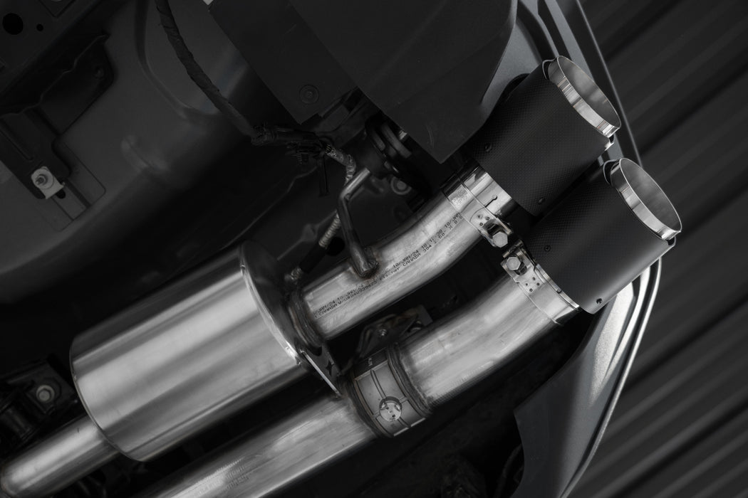 MBRP T304 Stainless Steel, 3" Cat-Back, Quad Split Rear With Carbon Fiber Tips, Active, Mustang GT 5.0L (S650), view 5