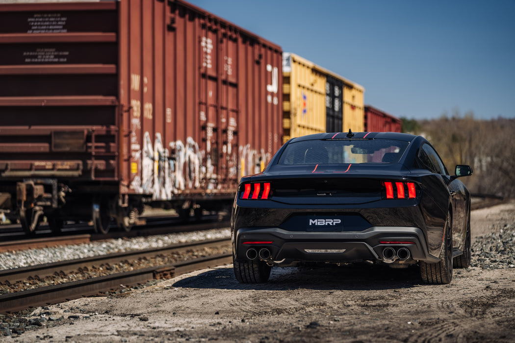 MBRP T304 Stainless Steel, 3" Cat-Back, Quad Split Rear With Carbon Fiber Tips, Active, Mustang GT 5.0L (S650), view 2