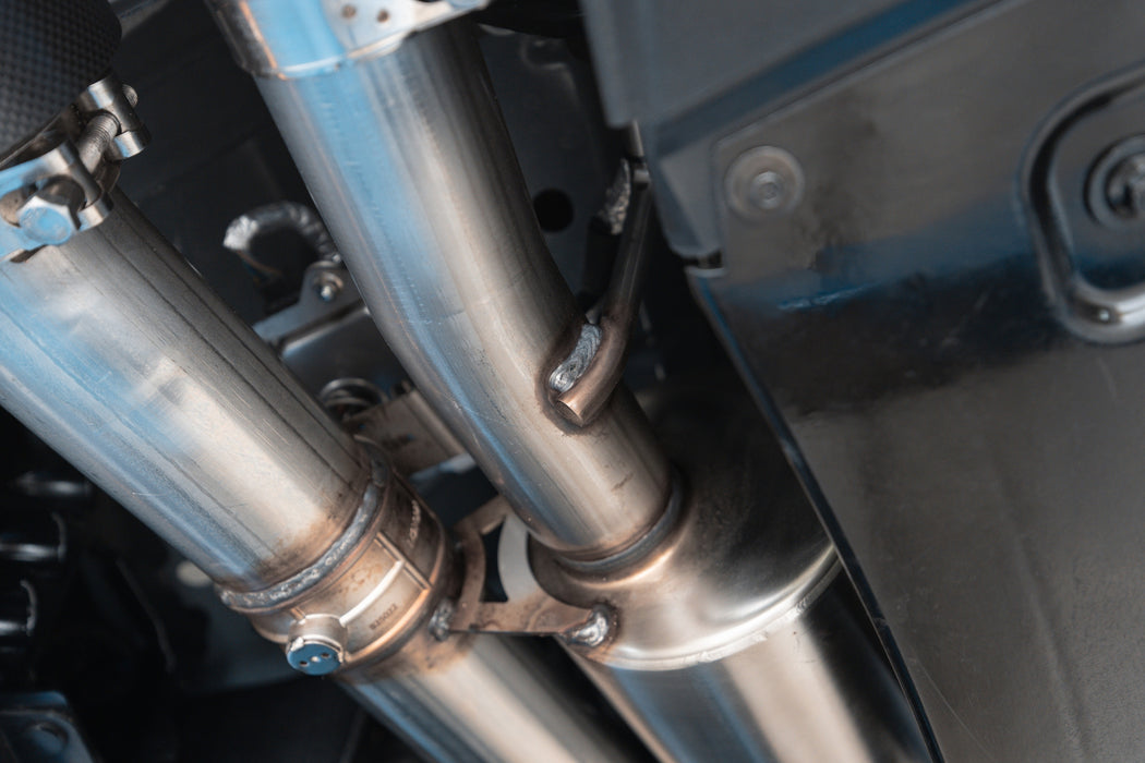 MBRP T304 Stainless Steel, 3" Cat-Back, Quad Split Rear Exit with Carbon Fiber Tips, Active, Mustang Dark Horse 5.0L, view 7