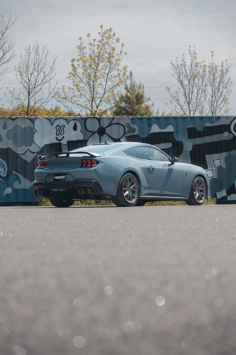 MBRP T304 Stainless Steel, 3" Cat-Back, Quad Split Rear Exit with Carbon Fiber Tips, Active, Mustang Dark Horse 5.0L, view 4