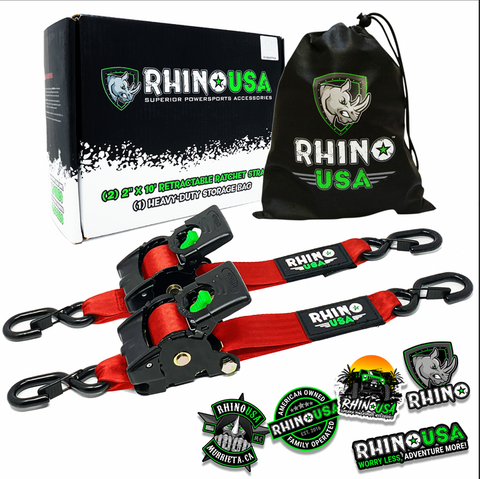 RHINO USA RETRACTABLE RATCHET STRAPS (2PK 2INX10FT) (RED)