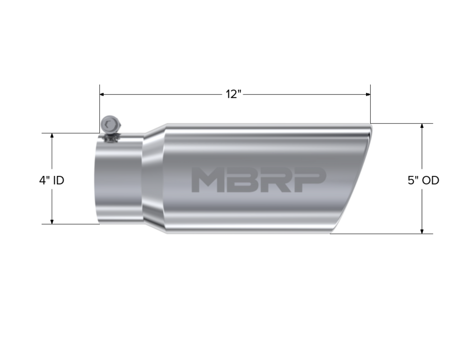 MBRP T304 Stainless Steel Tip; 5" OD Angled Rolled End 4" inlet 12" length, view 2