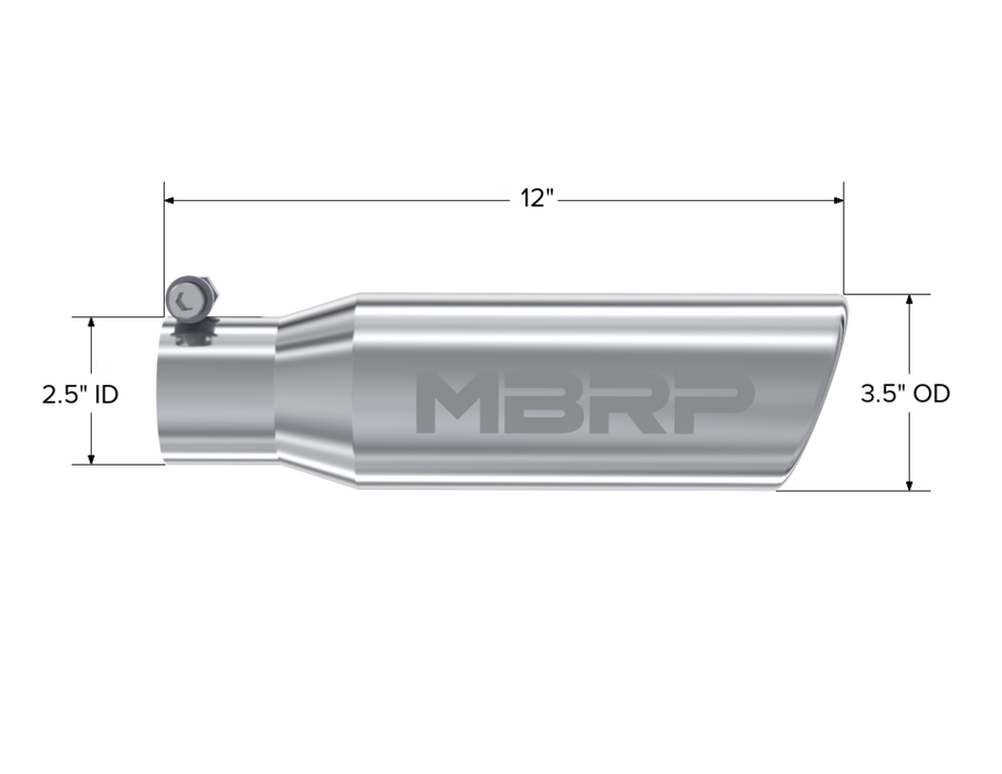 MBRP T304 Stainless Steel Tip; 3.5" OD Angled Rolled End 2.5" inlet 12" length, view 2