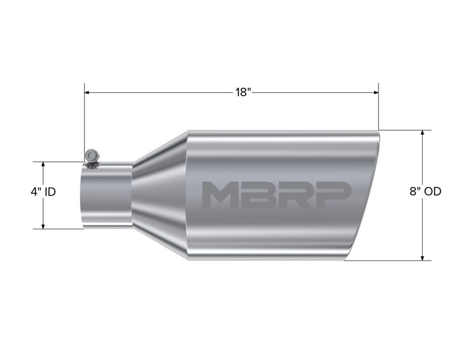 MBRP T304 Stainless Steel Tip; 8" OD; Rolled End; 4" ID; 18" length, view 2