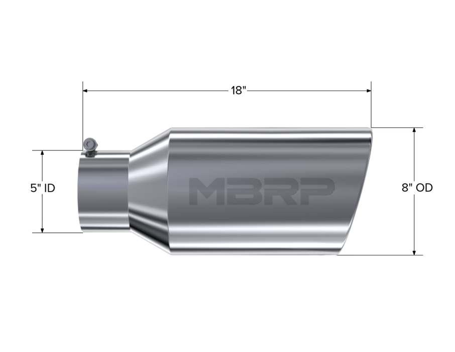 MBRP T304 Stainless Steel Tip; 8" OD; Rolled End; 5" ID; 18" length, view 2