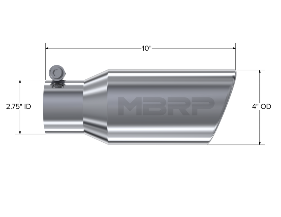 MBRP T304 Stainless Steel Tip, 4" OD Angled Rolled End 2.75" inlet 10" length, view 2