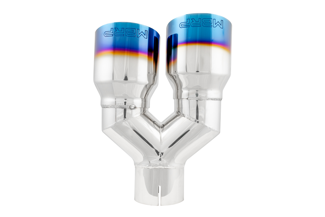 MBRP T304 Stainless Steel, Burnt End Tip; 2.5" ID, Dual 3.5" OD Out, Staggered Left 9.5"/ Right 9" length, Single wall, view 3