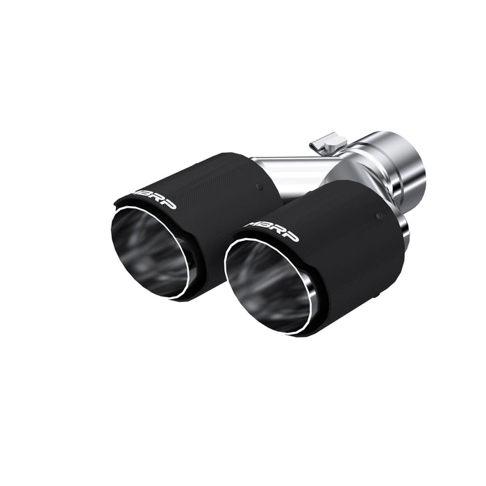 MBRP Carbon Fiber Tip; 2.5" ID, Dual 3.5" OD Out, Staggered Left 9.5"/ Right 9" length, Dual wall