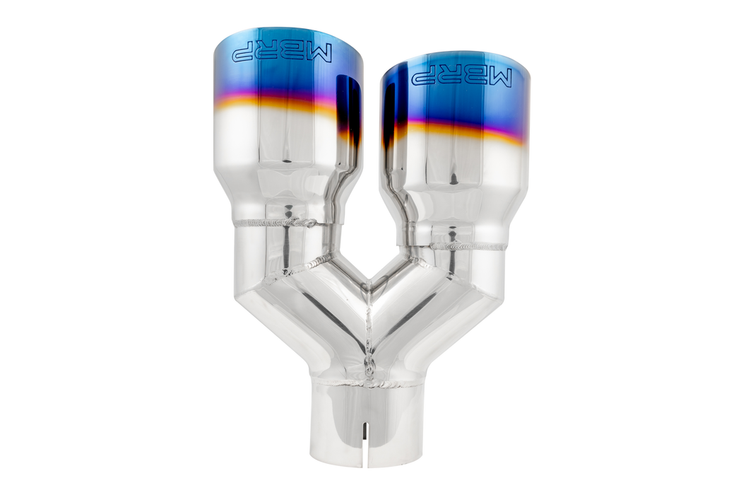 MBRP T304 Stainless Steel, Burnt End Tip; 2.5" ID, Dual 3.5" OD Out,Staggered Left 9"/ Right 9.5" length, Single wall, view 3