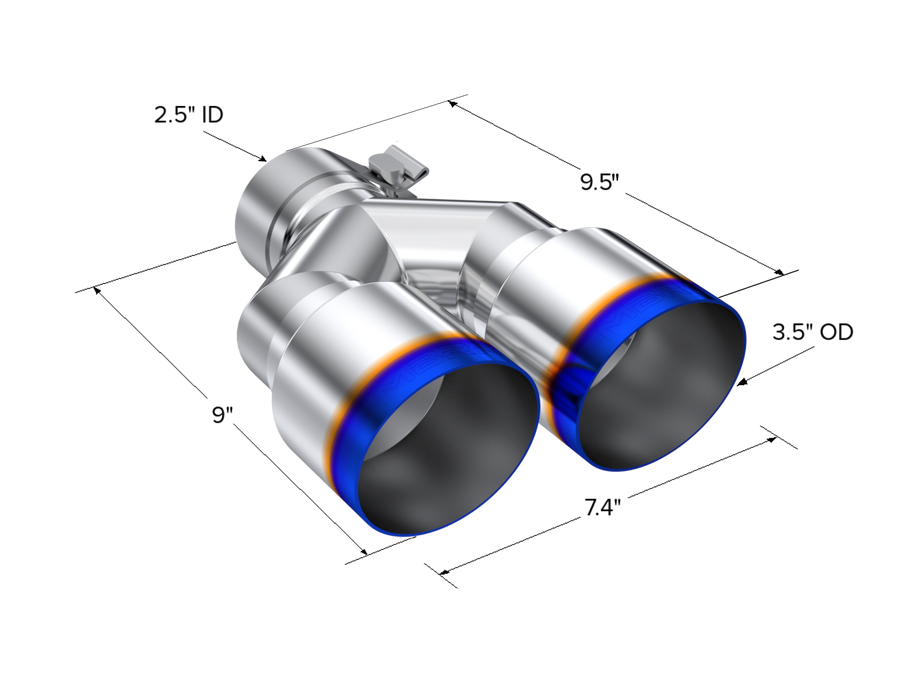 MBRP T304 Stainless Steel, Burnt End Tip; 2.5" ID, Dual 3.5" OD Out,Staggered Left 9"/ Right 9.5" length, Single wall, view 2