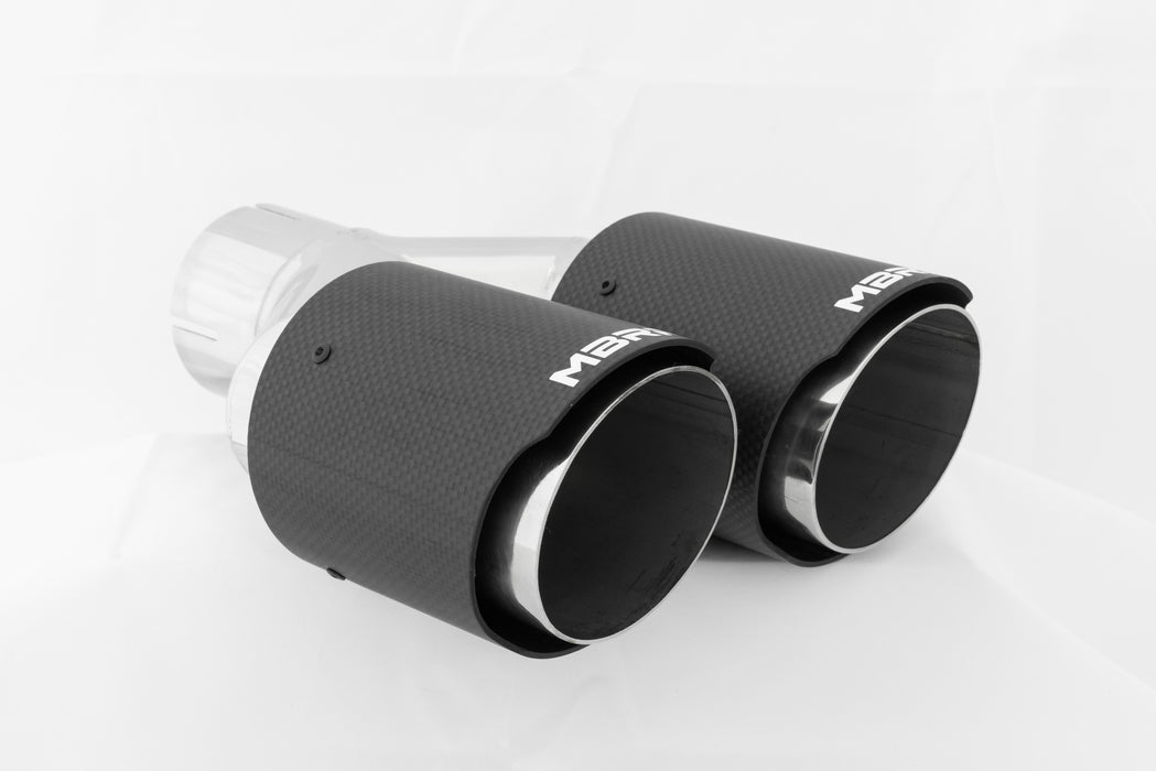 MBRP Carbon Fiber Tip; 2.5" ID, Dual 3.5" OD Out, Staggered Left 9"/ Right 9.5" length, Dual wall, view 3
