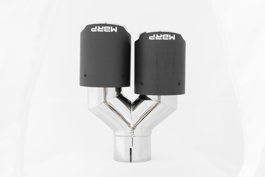 MBRP Carbon Fiber Tip; 2.5" ID, Dual 3.5" OD Out, Staggered Left 9"/ Right 9.5" length, Dual wall, view 2