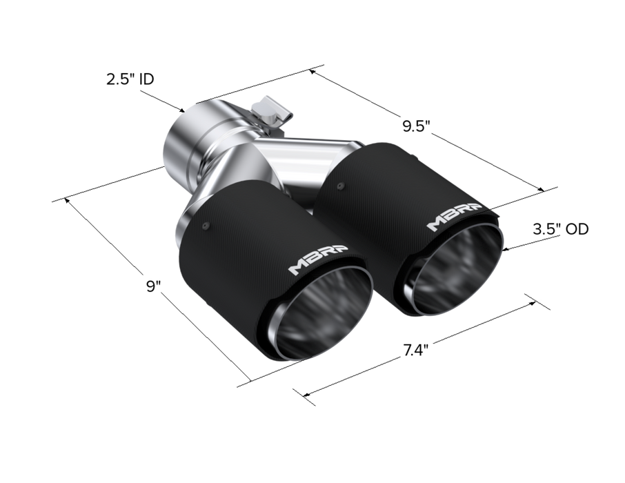 MBRP Carbon Fiber Tip; 2.5" ID, Dual 3.5" OD Out, Staggered Left 9"/ Right 9.5" length, Dual wall, view 4