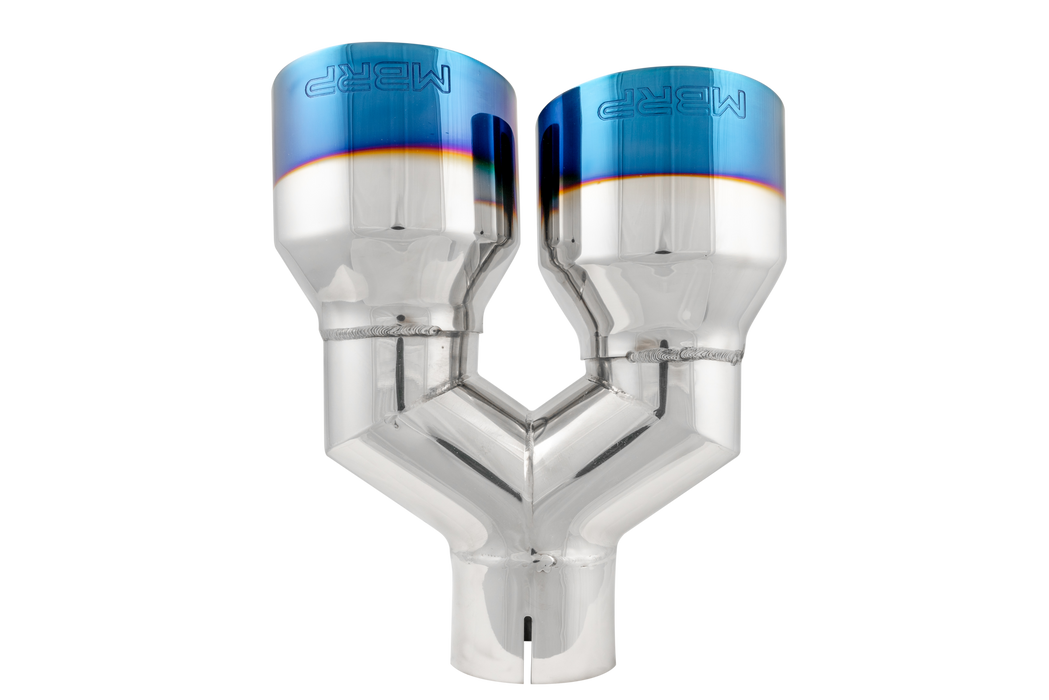 MBRP T304 Stainless Steel, Burnt End Tip; 2.5" ID, Dual 4" OD Out, Staggered Left 9"/ Right 9.5" length, Single wall, view 2