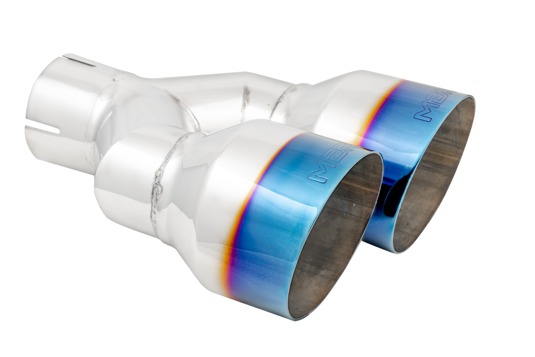 MBRP T304 Stainless Steel, Burnt End Tip; 2.5" ID, Dual 4" OD Out, Staggered Left 9"/ Right 9.5" length, Single wall, view 4