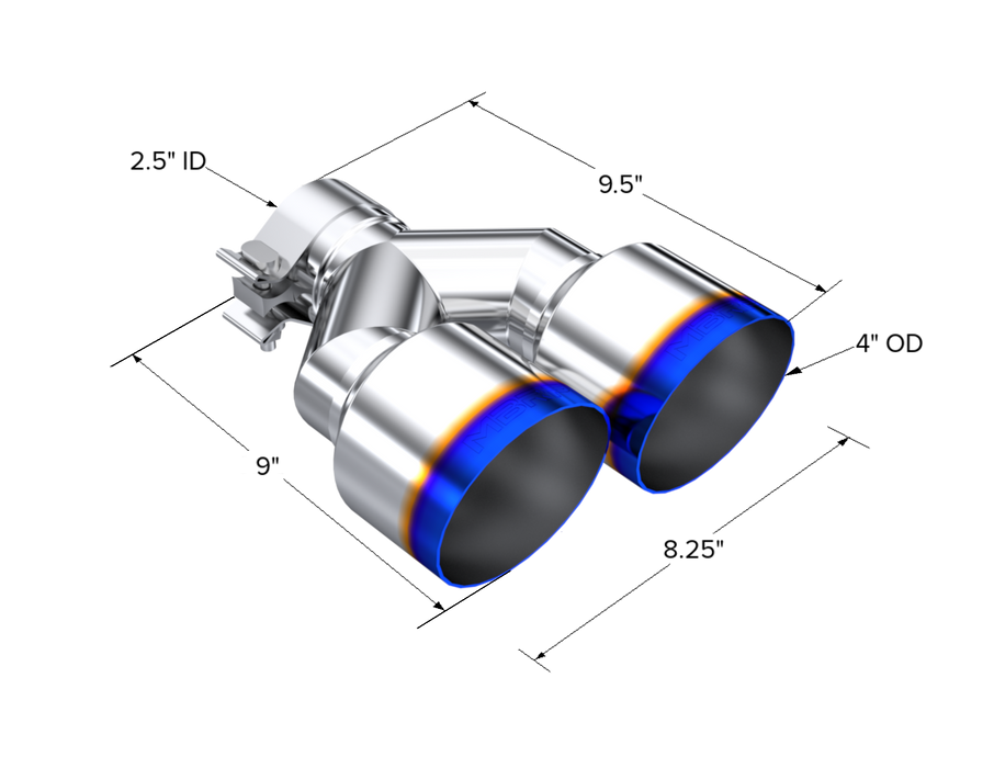 MBRP T304 Stainless Steel, Burnt End Tip; 2.5" ID, Dual 4" OD Out, Staggered Left 9"/ Right 9.5" length, Single wall, view 3