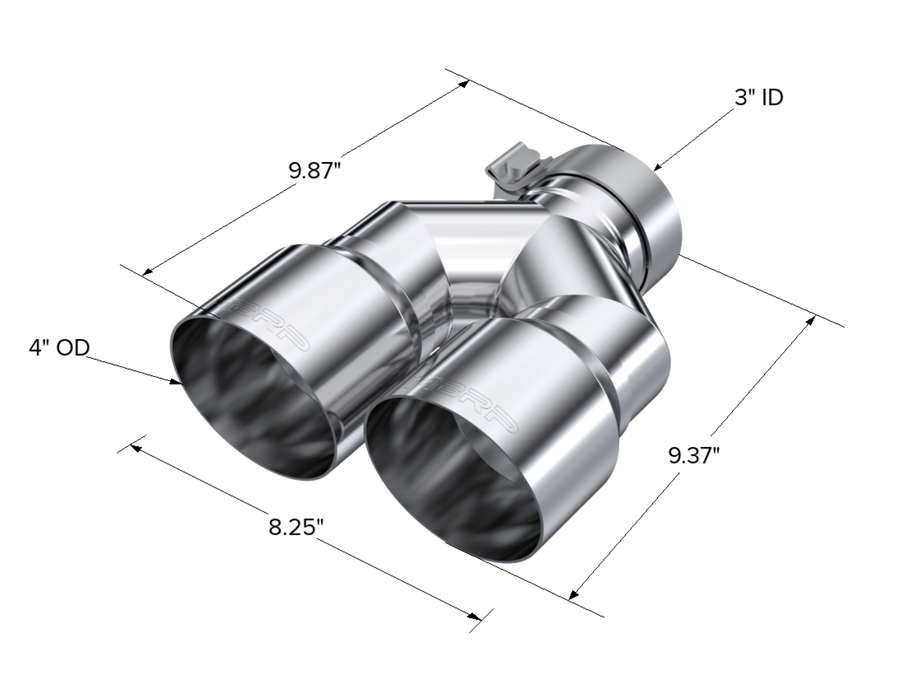 MBRP T304 Stainless Steel Tip; 3" ID; 4" OD Dual OUT; Staggered Left 9.87"/ Right 9.37" length; Single Wall, view 2