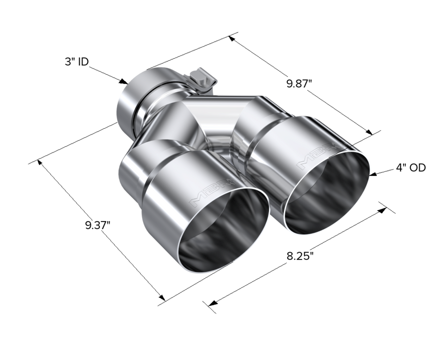 MBRP T304 Stainless Steel Tip; 3" ID; 4" OD Dual OUT; Staggered Left 9.37"/ Right 9.87" length; Single Wall, view 2