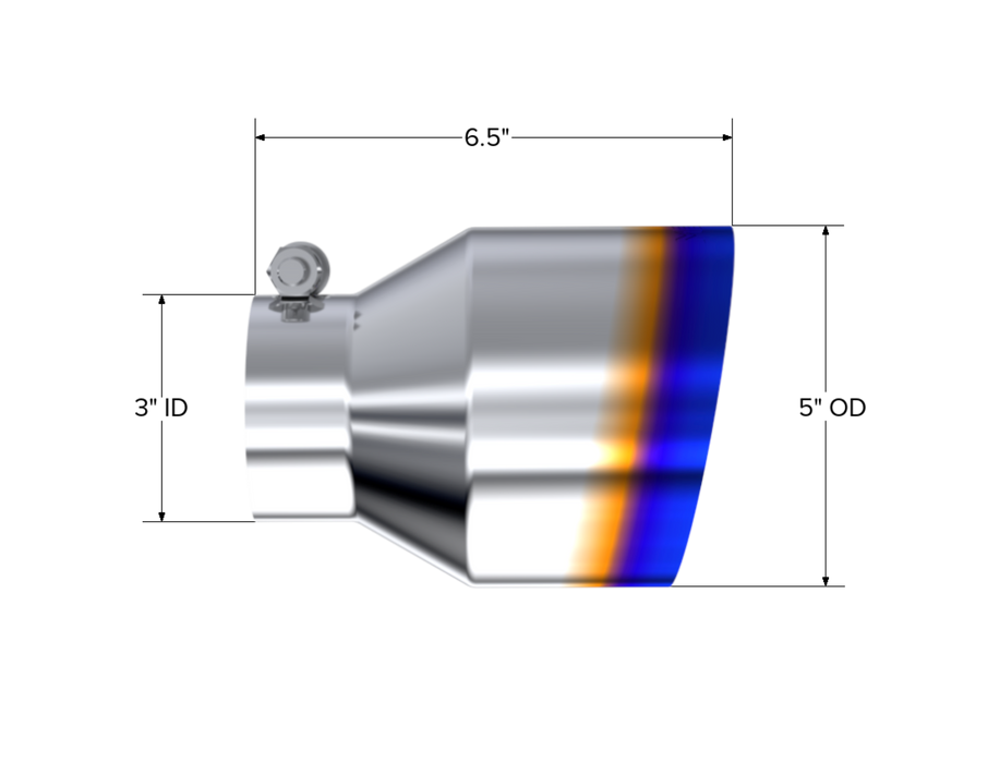 MBRP T304 Stainless Steel, Burnt End Tip, 3" ID, 5" OD Out, 6.5" Length, Angle Cut, Single Wall, view 2