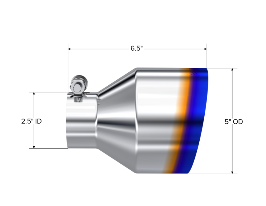 MBRP T304 Stainless Steel Burnt End Tip, 2.5" ID, 5" OD Out, 6.5" Length, Angle Cut, Single Wall, view 2