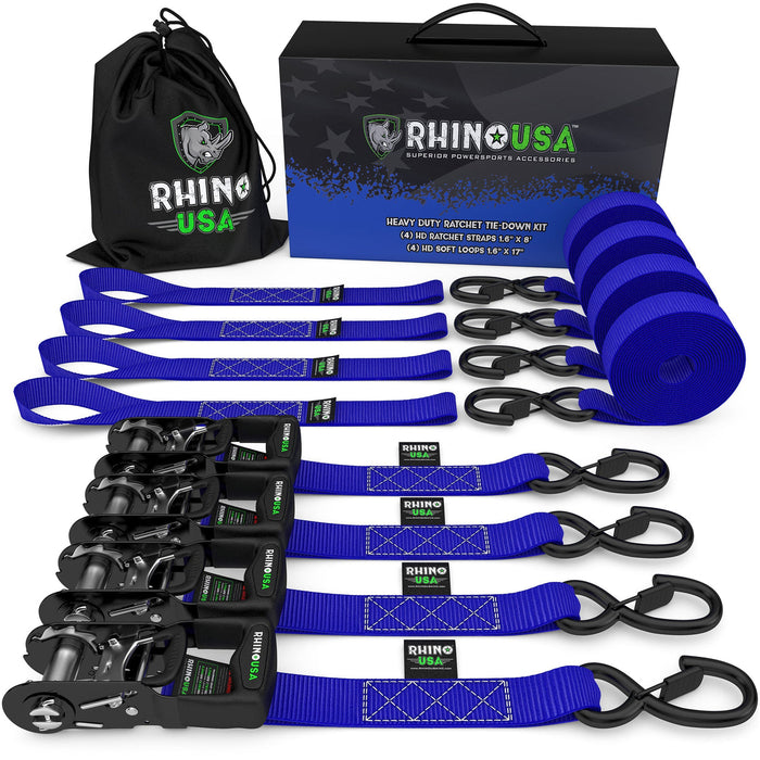 1.6" X 15' RHINO USA HEAVY DUTY RATCHET TIE-DOWN 4-PACK BLUE