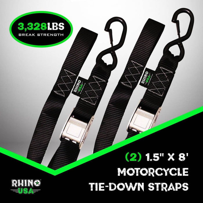 RHINO USA 1.5" x 8' CAMBUCKLE MOTORCYCLE TIEDOWN STRAPS 2-PACK (GREEN)