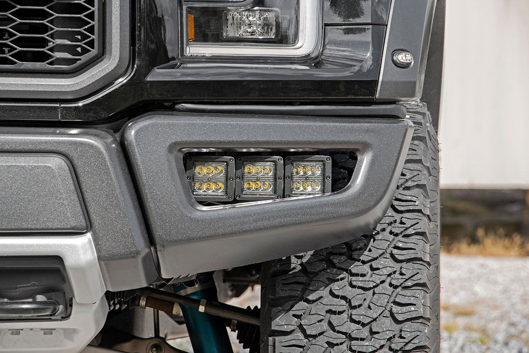 Rough Country LED Light Kit - Fog Mount - Triple 2" Black Pair - Amber DRL | Ford Raptor (17-20)