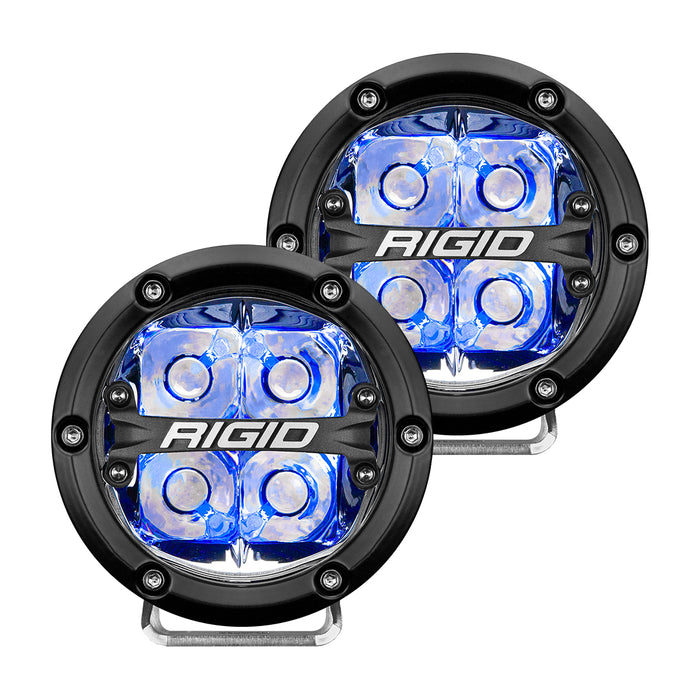 RIGID 360-Series 4 Inch Round LED Off-Road Light, Spot Beam Pattern for High Speeds, Blue Backlight, Pair