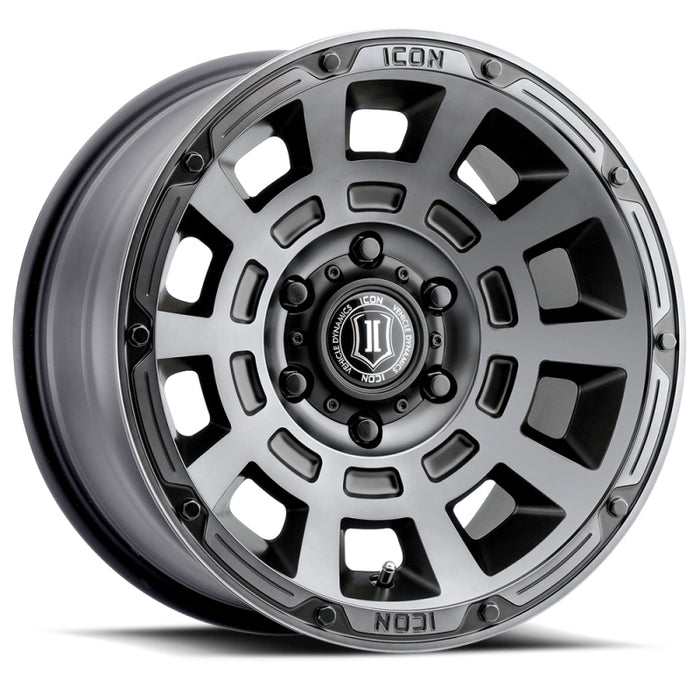 ICON Thrust 17x8.5 6x5.5 0mm Offset 4.75in BS 106.1mm Bore Smoked Satin Black Wheel